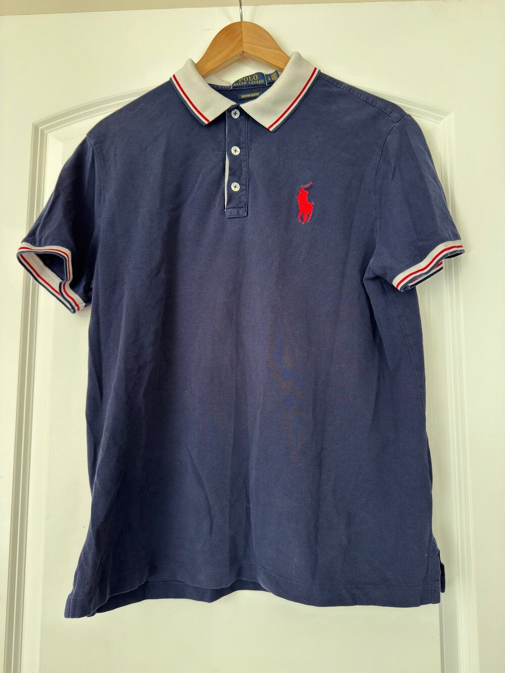 Polo Ralph Lauren Men's Tipped Collar Mesh Polo Shirt Navy Blue Red Pony Large